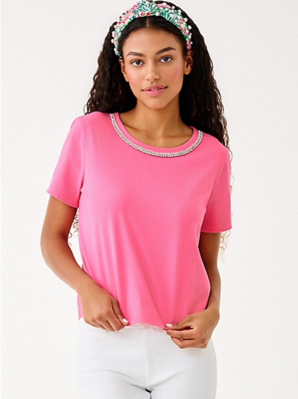 Lilly Pulitzer Hot Pink Short Sleeve Tee with Beaded Scoop Neck